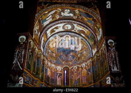 Zuordnung von Fresko. Romanische Kirche Sant Climent de Taull. Taull, Vall de Boi, Lleida, Katalonien, Spanien. Stockfoto