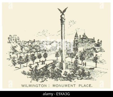 Diese Abbildung aus dem Jahr 1891 zeigt den Monument Place in Wilmington, Delaware. Sie zeigt den öffentlichen Platz und die nahe gelegenen Denkmäler und zeigt die Hingabe der Stadt an ihre Geschichte und ihre Gedenkstätten. Stockfoto