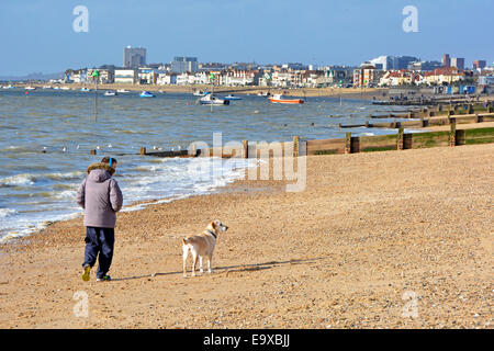 Mann, der im kalten Winter Hund geht, Februartag neben der Themse Mündung am Shoeburyness Strand Wellenbrecher Groyne & Southend am Sea Skyline Essex England Großbritannien Stockfoto