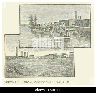 Eine Illustration aus der US-LA-Kartensammlung aus dem Jahr 1891, die die Union Cotton-Seed-Oil Mill in Gretna, Louisiana, zeigt. Dieses historische Bild unterstreicht die industrielle Bedeutung der Mühle im späten 19. Jahrhundert. Stockfoto