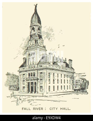 Diese Zeichnung aus dem Jahr 1891 zeigt das Rathaus in Fall River, Massachusetts. Die Abbildung zeigt den architektonischen Stil des Gebäudes und seine zentrale Rolle in der lokalen Verwaltung während des späten 19. Jahrhunderts. Stockfoto
