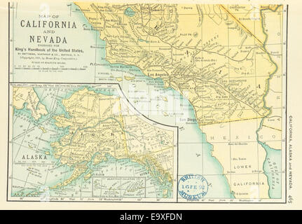 Diese Karte aus der US-MAPS-Serie aus dem Jahr 1891 zeigt das geografische Layout von Kalifornien, Nevada und Alaska und bietet einen detaillierten Überblick über die Grenzen, Wahrzeichen und Topographie dieser bundesstaaten während des späten 19. Jahrhunderts. Stockfoto