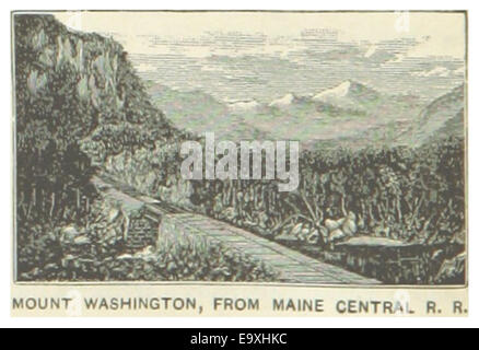 Diese Abbildung aus dem Jahr 1891 zeigt den Mount Washington aus der Sicht der Maine Central Railroad und hebt die bergige Landschaft und die umliegende natürliche Umgebung von New Hampshire hervor. Stockfoto