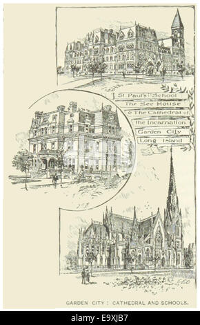 Diese 1891 abgebildete Illustration zeigt Garden City in New York City mit Kathedrale und Schulen, die eine historische Perspektive der Stadtentwicklung und Bildungseinrichtungen bieten. Stockfoto