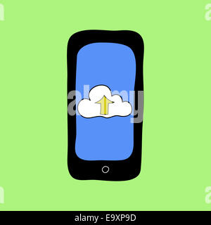 Doodle-Stil Telefon mit Cloud hochladen Stockfoto