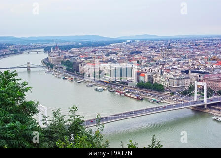 Luftaufnahme von Budapest vom Gellertberg, Donau und Parlamentsgebäude. Stockfoto
