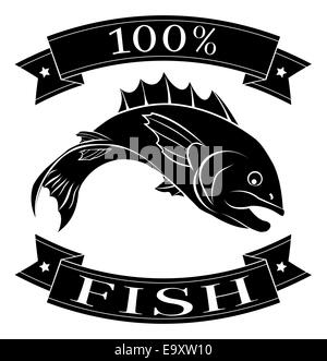 100 Prozent Label mit Fisch Fisch und 100 Prozent Fisch lesen Stockfoto