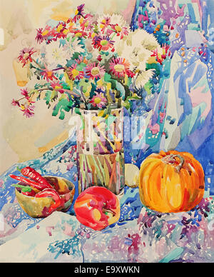 Original Aquarell Stillleben mit Blumen Stockfoto