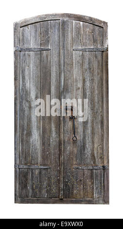 alte Burg Holztür auf weißem Hintergrund Stockfoto