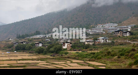 Landwirtschaftliche Flächen mit Stadt im Hintergrund, Paro-Tal, Bezirk Paro, Bhutan Stockfoto