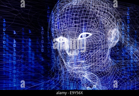 Lizenz verfügbar unter MaximImages.com - Woman Digital Virtual Reality Human Face konzeptionelle 3D-Darstellung mit binärem AI-Code auf blauem Hintergrund Stockfoto