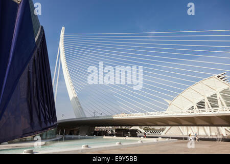 Brücke Pont du Lassut De Lor und den Oceonografic in der Stadt der Künste und Wissenschaften, Valencia, Spanien. Stockfoto