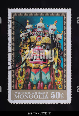 Mongolei - ca. 1971: eine Briefmarke gedruckt im mongolischen zeigt Bild der Maske, Maske, Serie ca. 1971. Stockfoto