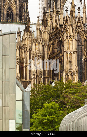 Gotische Architektur des römisch-katholischen Kathedrale (from1248) zwischen den modernen Gebäuden im Stadtzentrum gesehen; Köln, Deutschland Stockfoto