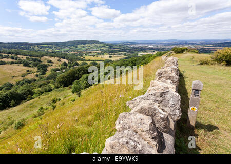 Der Blick von der Cotswold Weise National Trail auf die Cotswold Böschung am Crickley Hill Country Park, Gloucestershire UK Stockfoto