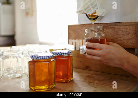 Hand des weiblichen Imker in Küche Abfüllung bis gefilterten Honig aus dem Bienenstock Stockfoto