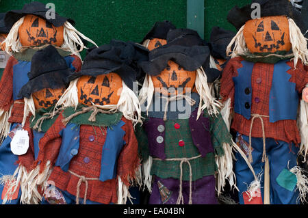 Vogelscheuche wird während ein Halloween Kürbis Festival angezeigt. Eine gehäkelte Hexe Puppe aus Halloween ist die Hexe b umgeben Stockfoto