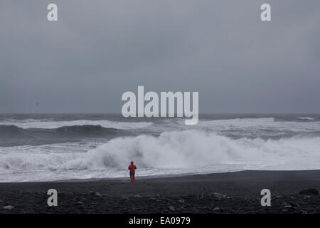 Mann am Strand, Vik, Island Stockfoto