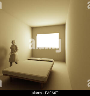 3D-Rendering aus einem einfachen Schlafzimmer ohne Texturen. Stockfoto