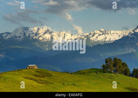 Scheune auf Hügel und ferne Schnee bedeckt Berge, Mazeri Dorf, Swanetien, Georgia Stockfoto