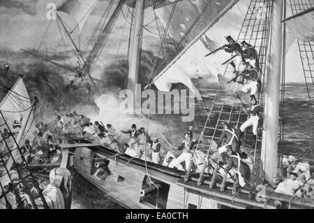 Marines an Bord der USS Wasp engagieren HMS Rentier. Juni 1814, während des Krieges von 1812 Stockfoto