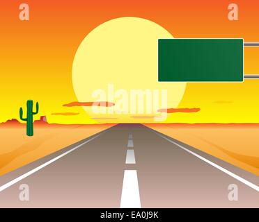 Vektor-Illustration der Wüstenstraße im Sonnenuntergang Stock Vektor