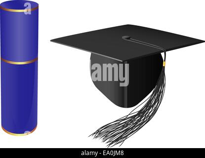 Vektor-Graduation Cap und Diplom auf weißem Hintergrund Stock Vektor