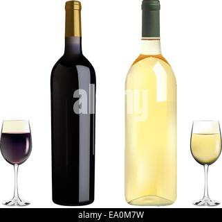 Vektor, roten und weißen Wein in Flaschen und Gläser auf weißem Hintergrund Stock Vektor
