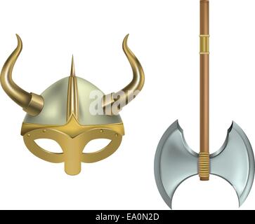 Vektor-Illustration der Wikinger-Helm und Ax auf weißem Hintergrund Stock Vektor