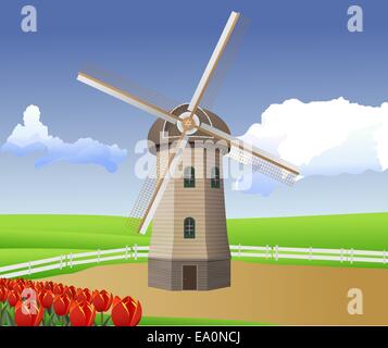 Vektor-Cartoon-Illustration der Landschaft mit Windmühlen und Tulpen Stock Vektor