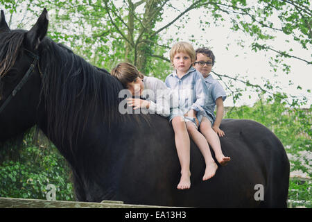 Drei Jungs hintereinander Reiten auf Pferd im Wald Stockfoto