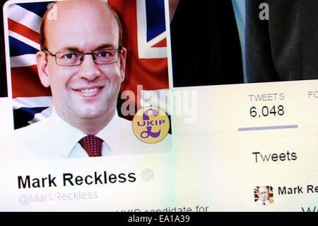 Markieren Reckless" Twitter Account - Screenshot der Seite Profil (und gleichzeitig noch die UKIP MP) Stockfoto