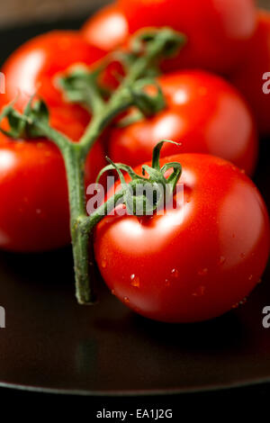 Tomaten auf Teller abgewinkelt Ansicht vertikal Stockfoto