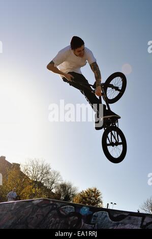 Glasgow, Scotlan, UK. 5. November 2014. BMX-Fahrer nutzt die Herbstsonne wie er Stunts im Kelvingrove Park Credit zieht: Tony Clerkson/Alamy Live News Stockfoto