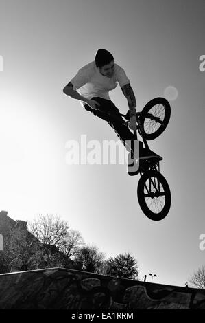 Glasgow, Scotlan, UK. 5. November 2014. BMX-Fahrer nutzt die Herbstsonne wie er Stunts im Kelvingrove Park Credit zieht: Tony Clerkson/Alamy Live News Stockfoto