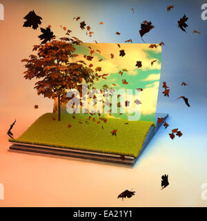 3D-Illustration aufgeschlagenen Buches mit Baum auf der Seite. Stockfoto