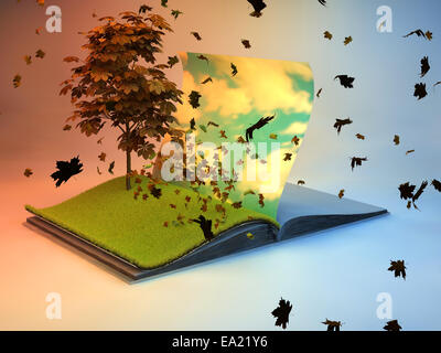 3D-Illustration aufgeschlagenen Buches mit Baum auf der Seite. Stockfoto