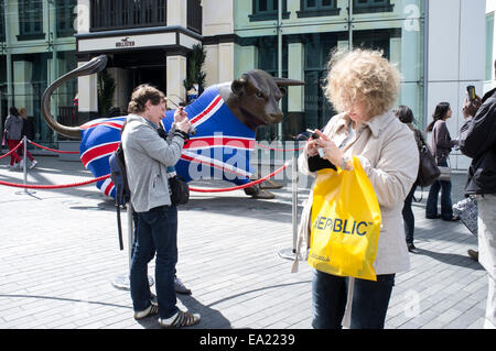 Vergleichen Sie Fotos mit Birmingham Bull im Union Jack-Flagge Stockfoto