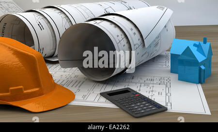 3D Abbildung des Blueprints, Haus Modell und Baumaschinen. Stockfoto
