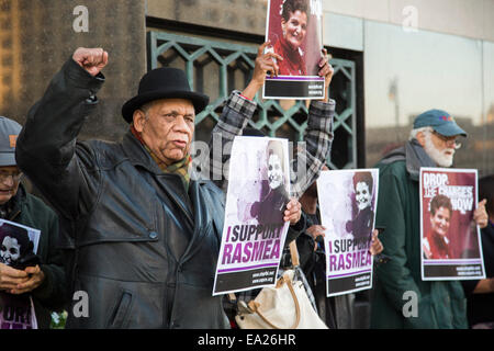 Detroit, Michigan, USA. 5. November 2014. Unterstützer des palästinensisch-amerikanischen Aktivisten Rasmea Odeh halten eine Mahnwache vor dem Bundesgericht konnte als ein Versuch, die beginnt ihr seit 10 Jahren zu inhaftieren und widerrufen Sie ihre US-Staatsbürgerschaft. Die Regierung Gebühren, die Odeh auf ihrem 2004 Staatsbürgerschaft Anwendung nicht preiszugeben gelogen, dass im Jahre 1969 hatte sie eingesperrt und durch das israelische Militär gefoltert. Bildnachweis: Jim West/Alamy Live-Nachrichten Stockfoto