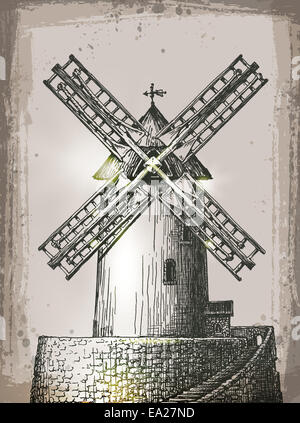 Windmühle im Retro-Stil. Die Hand gezeichnete Illustration Stockfoto