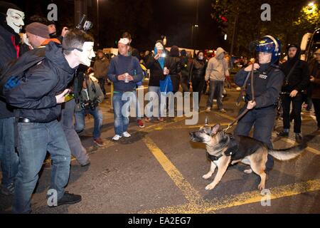 London, UK. 5. November 2014. Bild zeigt Polizei Hunde auf den Straßen von London als Demonstranten durch die Stadt laufen, während eines Teils des anonymen Aktivistengruppe "Million Mask März" London UK gebracht werden. Bildnachweis: Jeff Gilbert/Alamy Live-Nachrichten Stockfoto