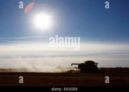 John Deere Mähdrescher ernten auf den Prärien von Saskatchewan, Kanada Stockfoto