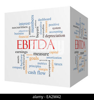 EBITDA 3D-Würfel Word Cloud-Konzept mit großen Begriffe wie Ergebnis vor Steuern, Zinsen und mehr. Stockfoto