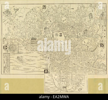 Ein maßstabsgetreuer Taschenplan von Edo, heute als Tokio bekannt, zeigt das Layout und die Straßen der Stadt in der Edo-Zeit. Diese historische Karte spiegelt die städtebauliche Entwicklung und Struktur einer der wichtigsten Städte Japans während dieser Zeit wider. Stockfoto