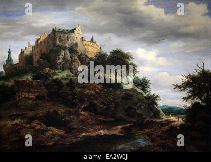 Blick auf die Burg Bentheim, ca. 1653, die majestätische mittelalterliche Festung auf einem Hügel unter einem dramatischen bewölkten Himmel von Jacob van Ruisdael.1628-1682. Stockfoto