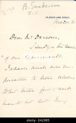 Brief, John Burdon-Sanderson, Charles R. Darwin, 30. März 1874 Seite 1 Stockfoto