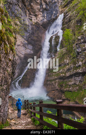 Tourist am Wasserfall Savica in der Nähe von Bohinj See, Nationalpark Triglav, Julischen Alpen, Slowenien, Europa Stockfoto
