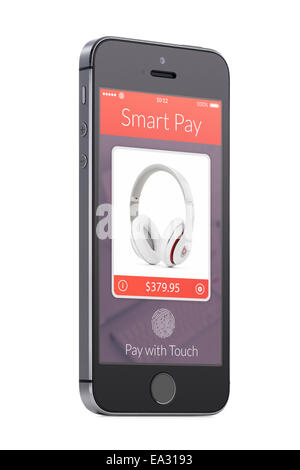 Bottom-up-Sicht auf gedreht auf einen leichten Winkel schwarz moderne mobile Smartphone mit nfc smart Pay app auf dem Bildschirm zu isoliert auf whi Stockfoto