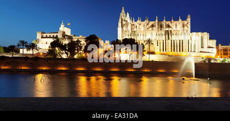 Kathedrale von Santa Maria von Palma und Almudaina-Palast am Parc De La Mar, Palma De Mallorca, Mallorca, Spanien, Mittelmeer Stockfoto